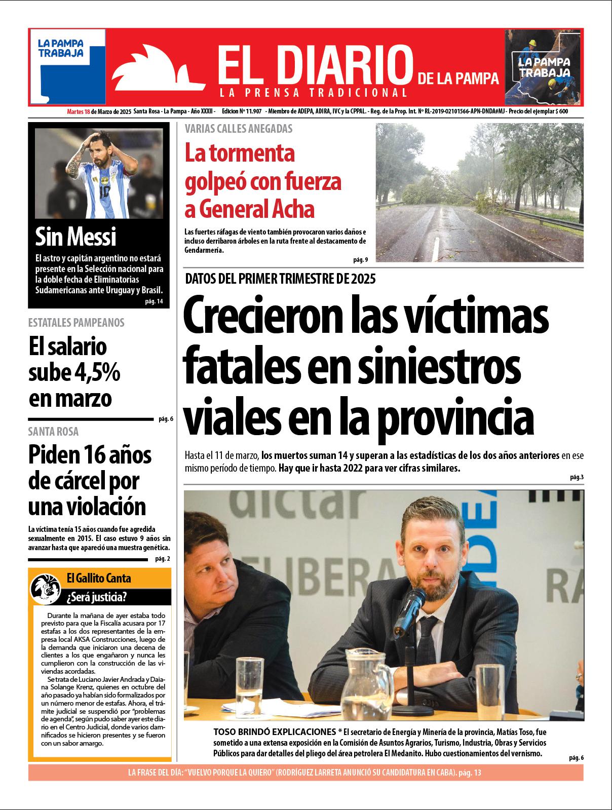 Tapa de El Diario en papel  martes 18 de marzo de 2025